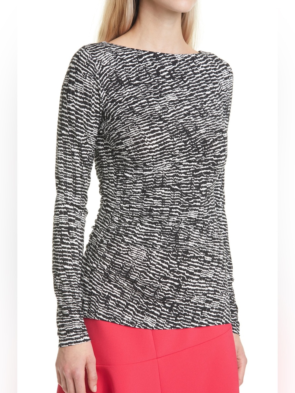 NWT BOSS Ejada Print Long Sleeve Fitted Top Black White Print Women's S Stretch